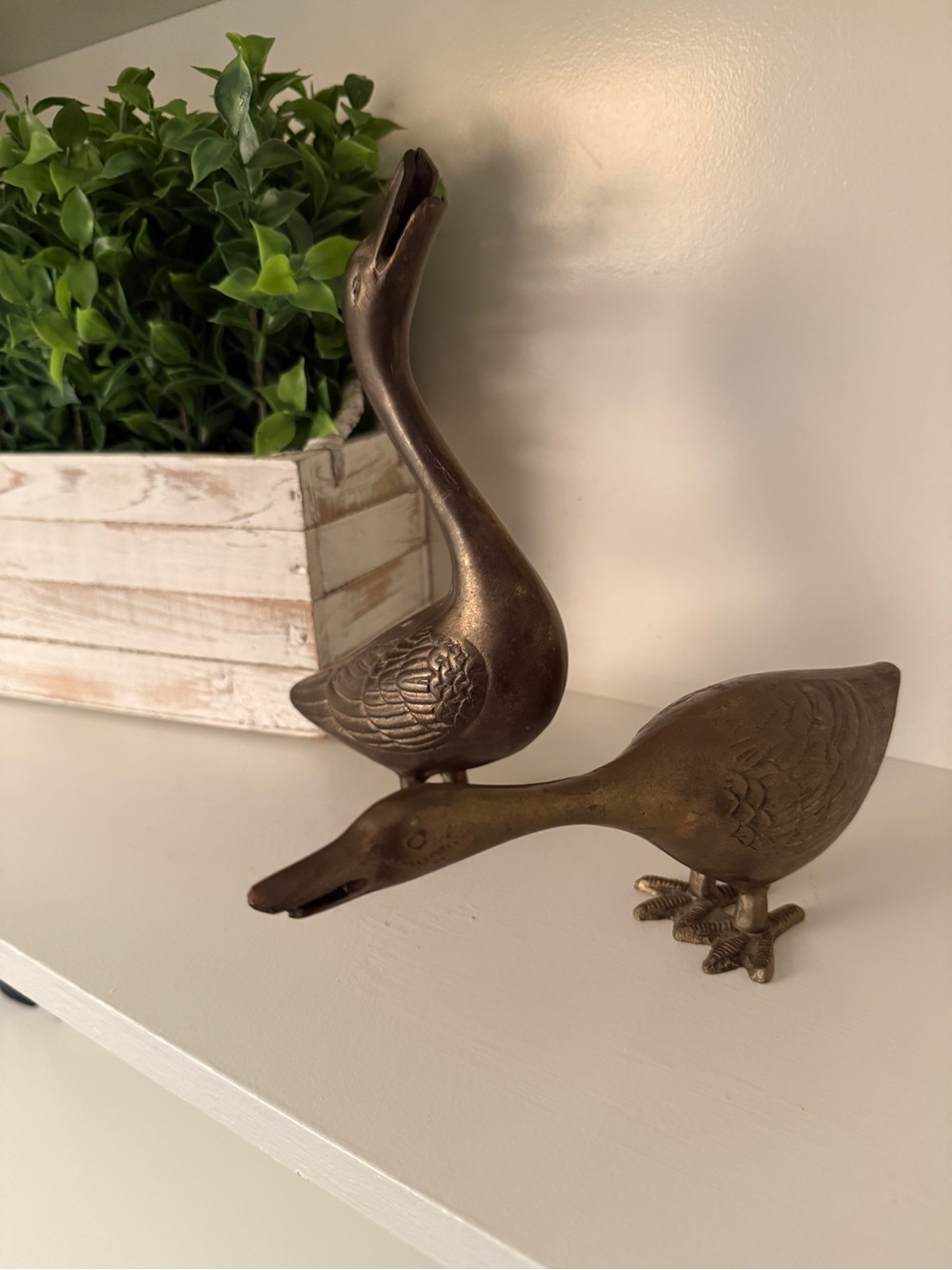 Vintage Solid Brass Goose Figurines Pair Engraved Mid Century Home Decor